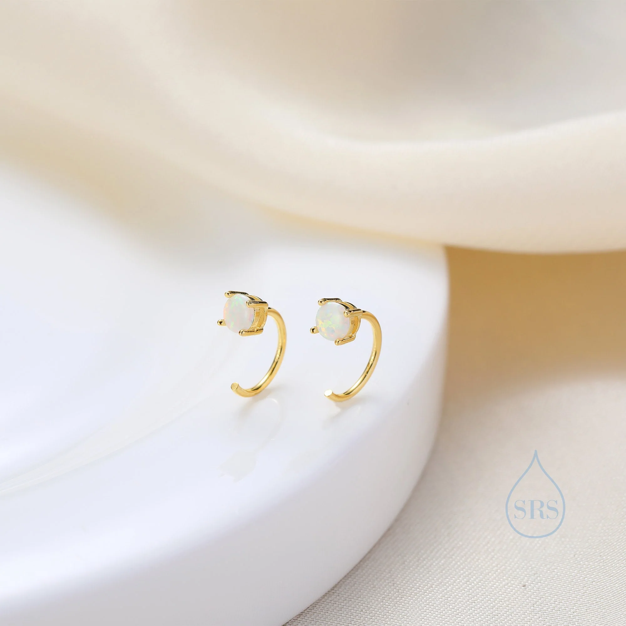 White Opal Huggie Hoop Earrings in Sterling Silver, Tiny Opal Open Hoops, Opal Pull Through Threaders, Half Hoops, C Shape Opal Hoops - Image 7