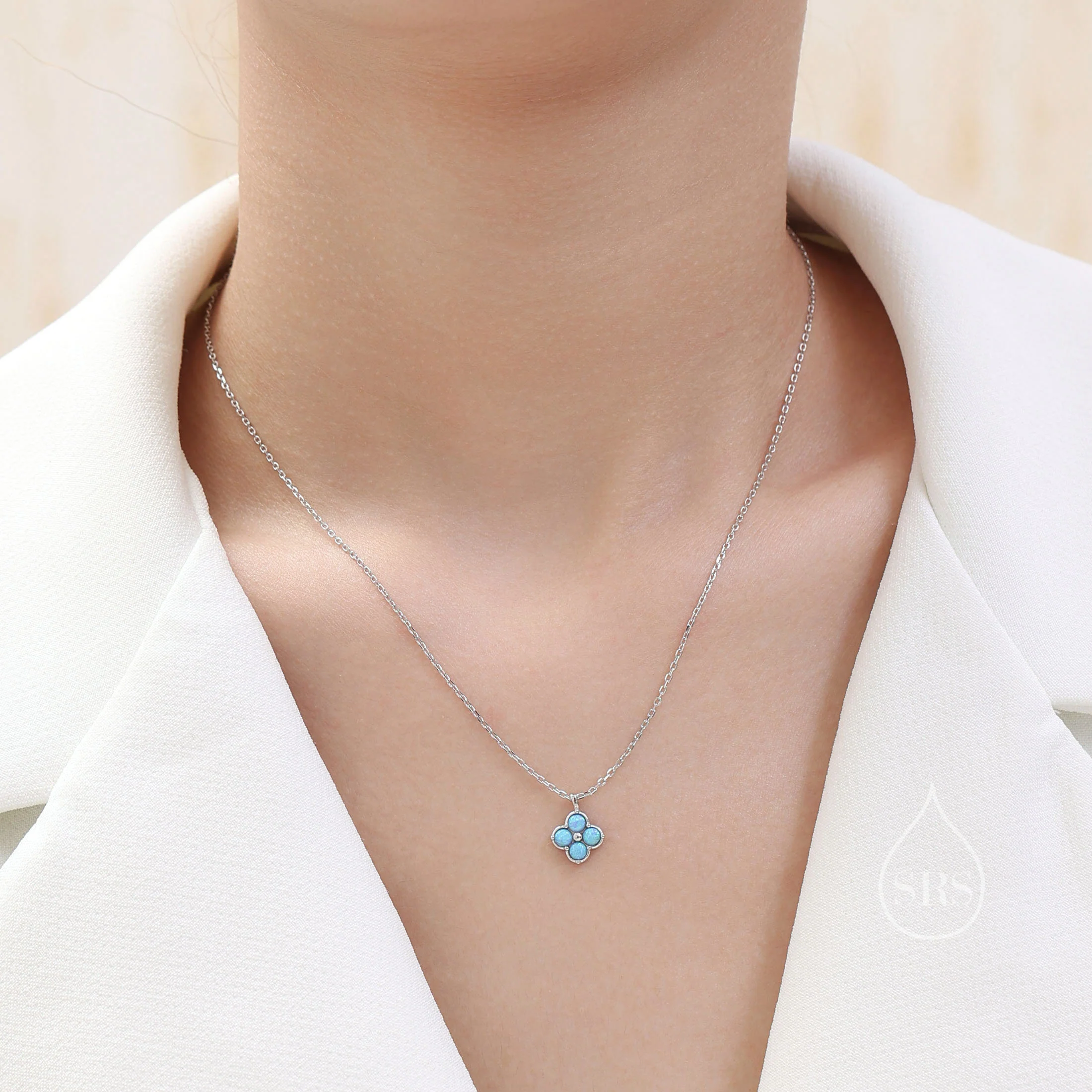 White Opal Hydrangea Pendant Necklace in Sterling Silver, Silver or Gold, White Fire Opal Four Dot Necklace, Sterling Silver Opal Pendant - Image 2