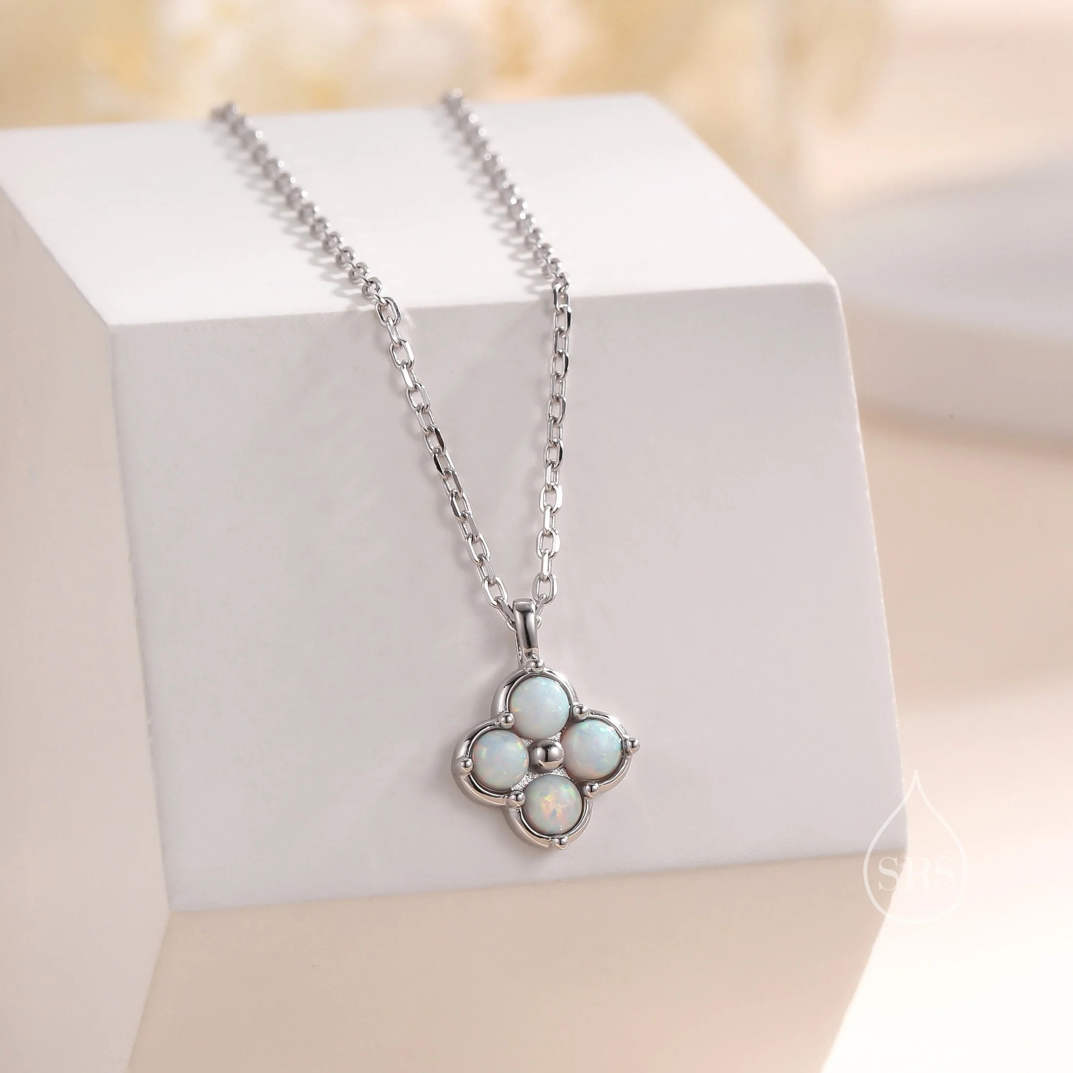White Opal Hydrangea Pendant Necklace in Sterling Silver, Silver or Gold, White Fire Opal Four Dot Necklace, Sterling Silver Opal Pendant - Image 3