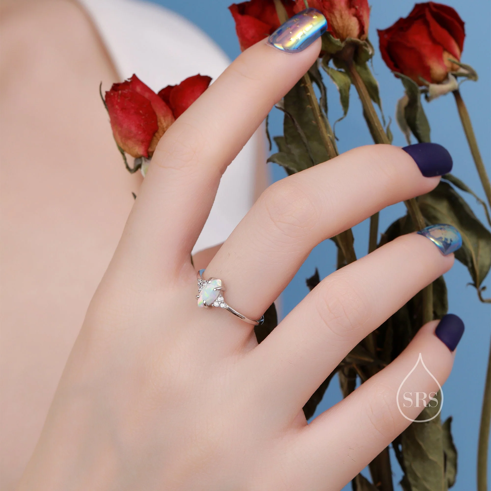 White Opal Marquise and CZ Ring in Sterling Silver, US 5 - 8, Vintage Inspired, 4x8mm, Lab Opal Stone Ring, Fire Opal Ring - Image 5