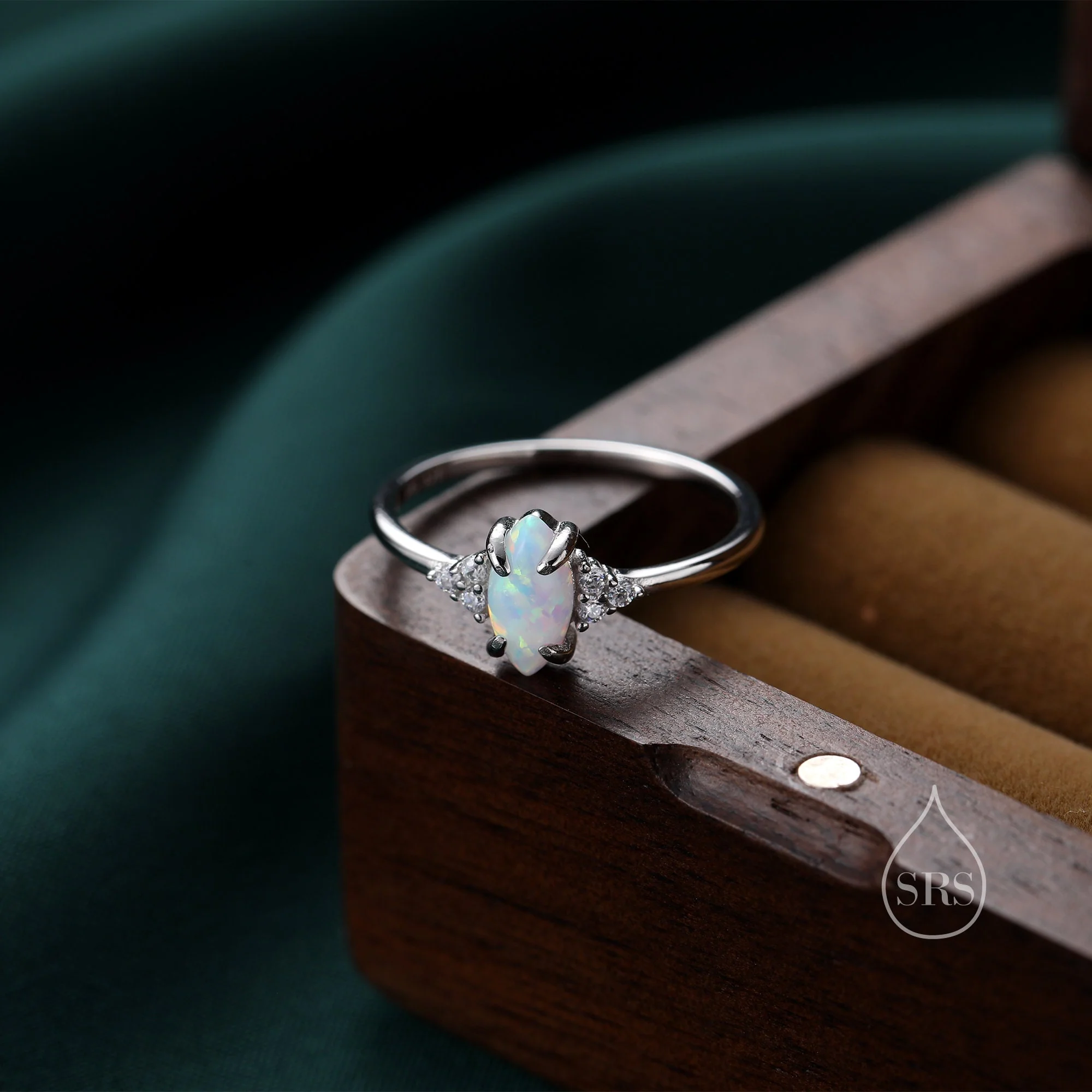 White Opal Marquise and CZ Ring in Sterling Silver, US 5 - 8, Vintage Inspired, 4x8mm, Lab Opal Stone Ring, Fire Opal Ring - Image 7