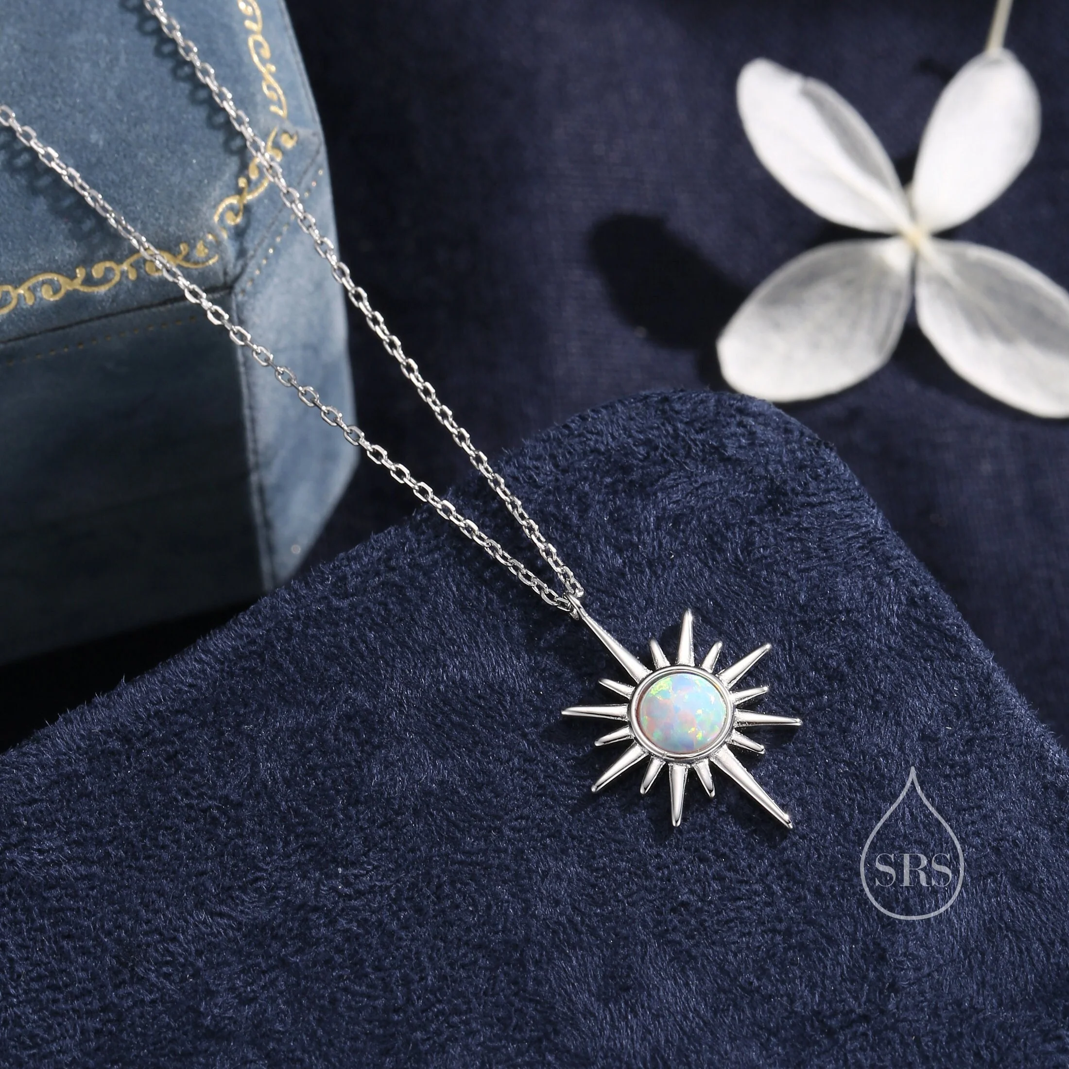 White Opal North Star Pendant Necklace in Sterling Silver, Silver or Gold, Lab Opal Starburst Necklace, Opal Star Necklace, Opal Sunburst