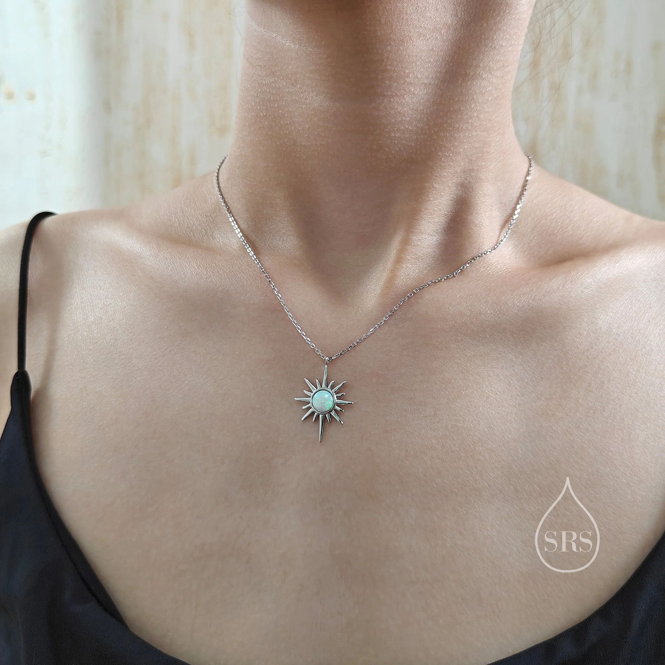 White Opal North Star Pendant Necklace in Sterling Silver, Silver or Gold, Lab Opal Starburst Necklace, Opal Star Necklace, Opal Sunburst - Image 2