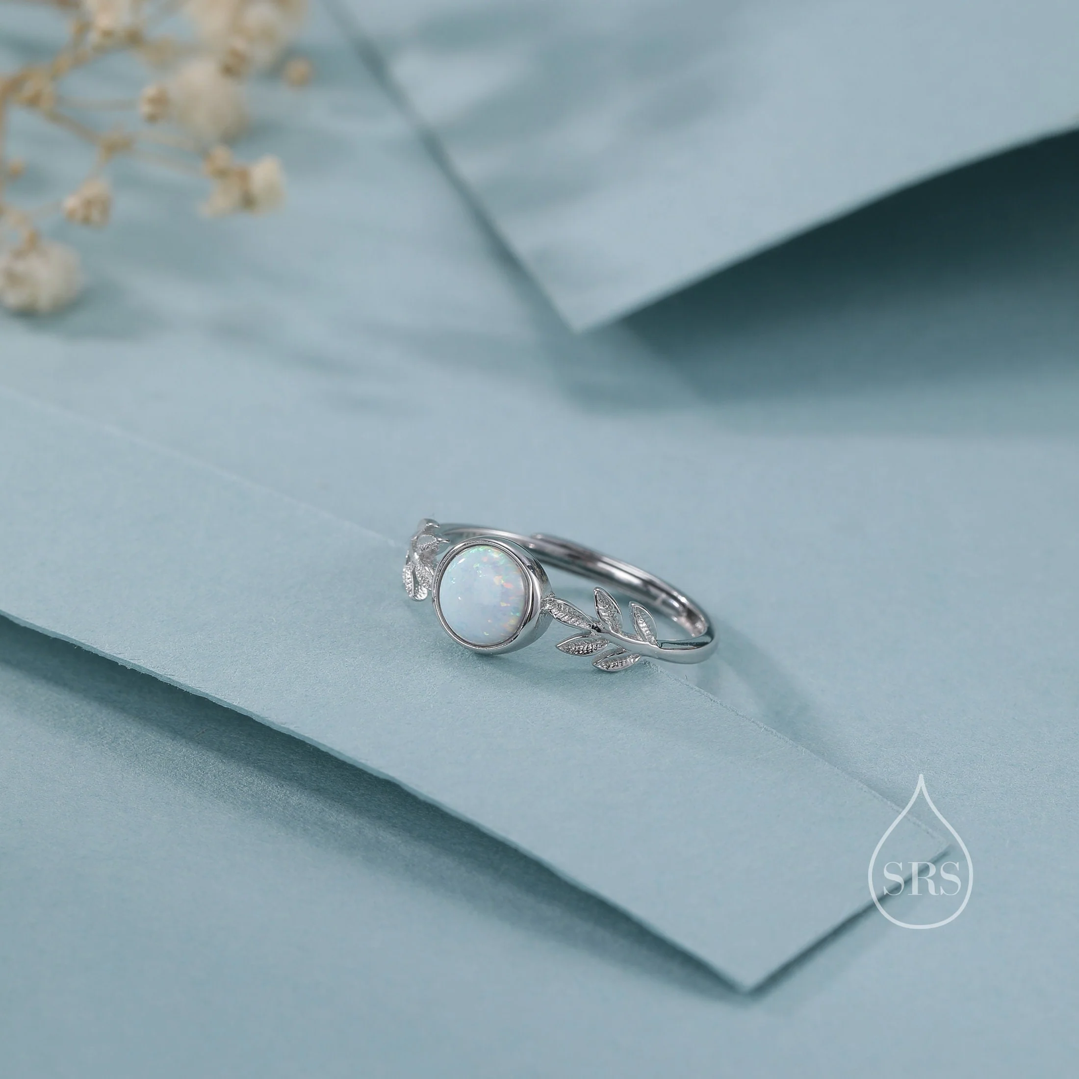 White Opal Olive Leaf Ring in Sterling Silver, Adjustable Olive Leaf Ring, Botanical Ring, Leaf Ring with Lab Opal, Simulated Opal Ring - Image 4