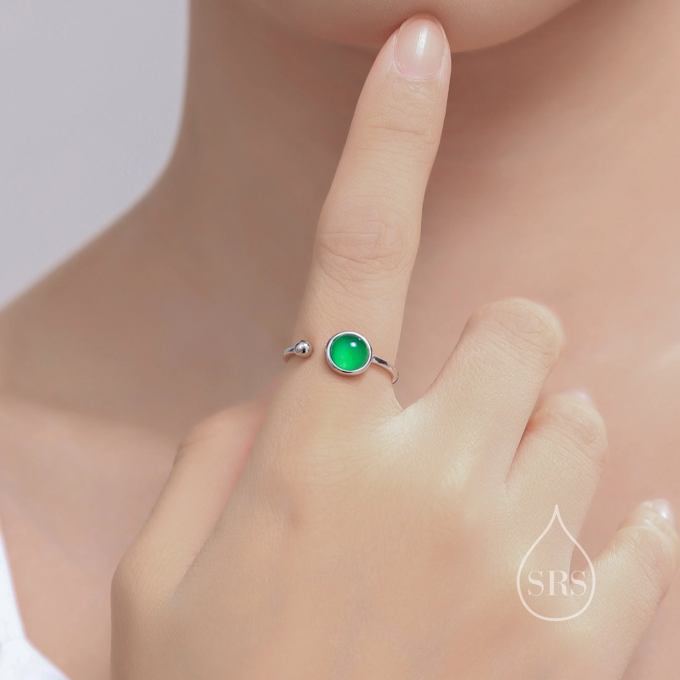 White Opal Open Ring in Sterling Silver, 6mm Lab Opal Stone, Bezel Set Simulated Fire Opal Ring, Adjustable Size - Image 5