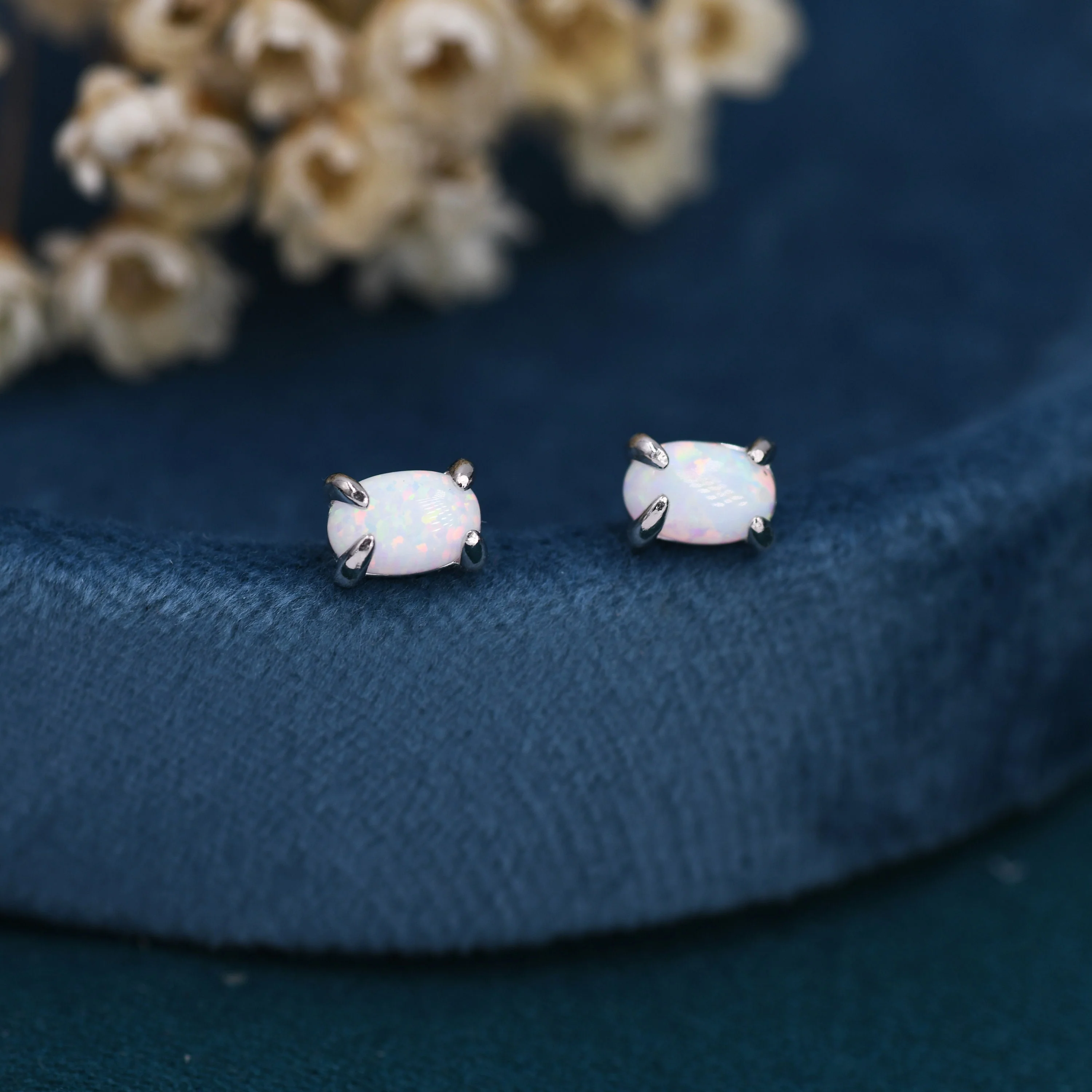 White Opal Oval Stud Earrings in Sterling Silver - Gold or Silver - Opal Oval Earrings - Opal Prong Set Earrings, White Opal - Image 2