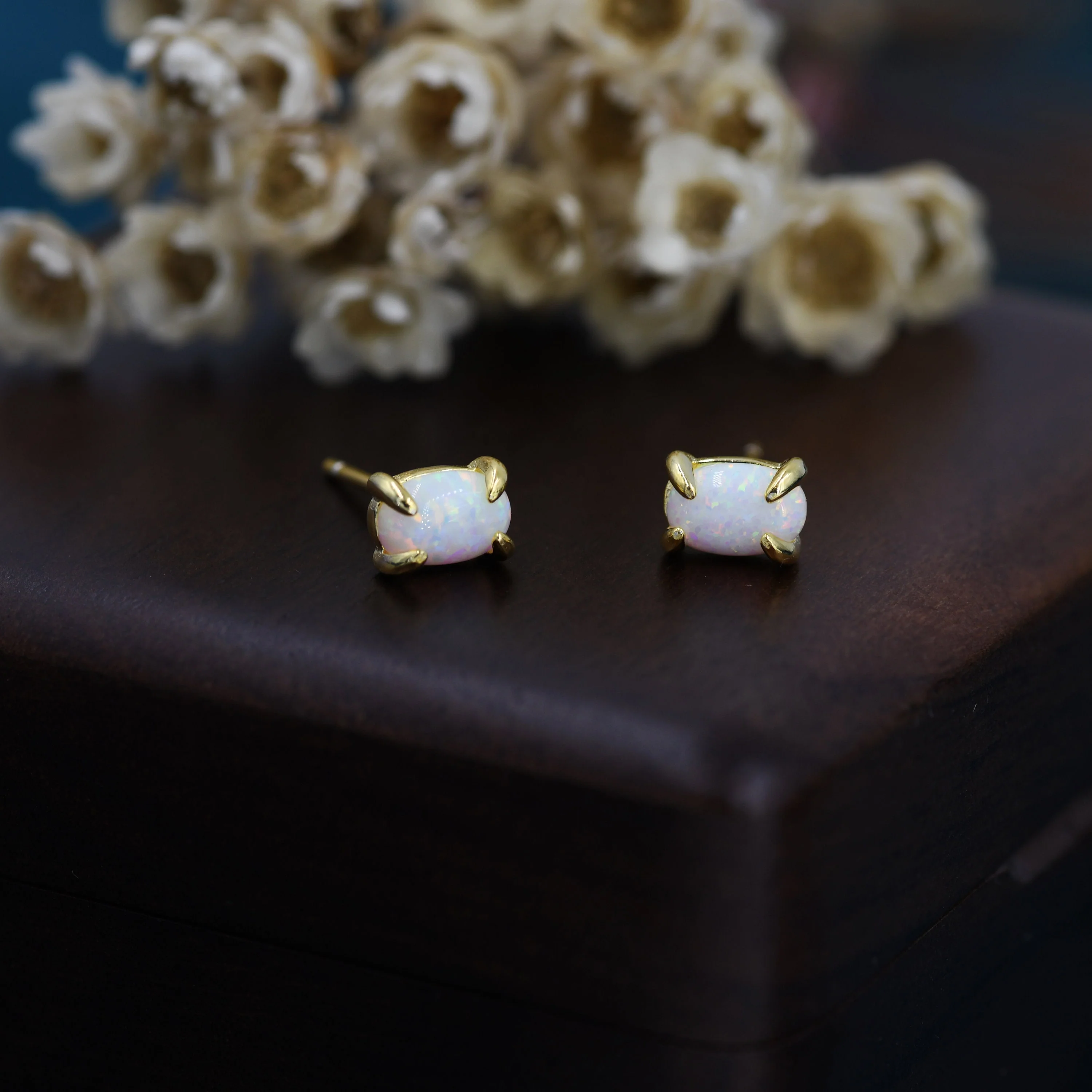 White Opal Oval Stud Earrings in Sterling Silver - Gold or Silver - Opal Oval Earrings - Opal Prong Set Earrings, White Opal - Image 4