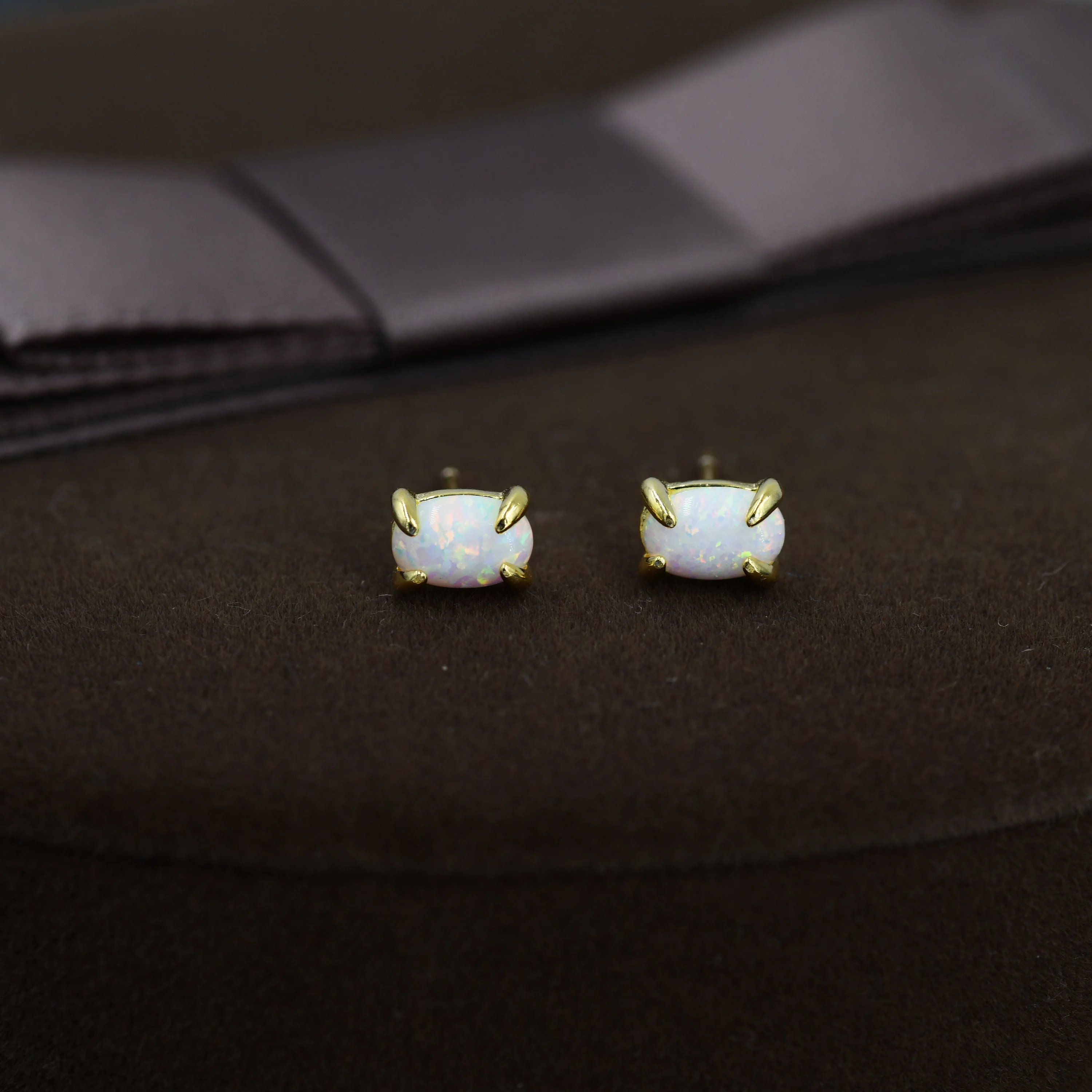 White Opal Oval Stud Earrings in Sterling Silver - Gold or Silver - Opal Oval Earrings - Opal Prong Set Earrings, White Opal - Image 5