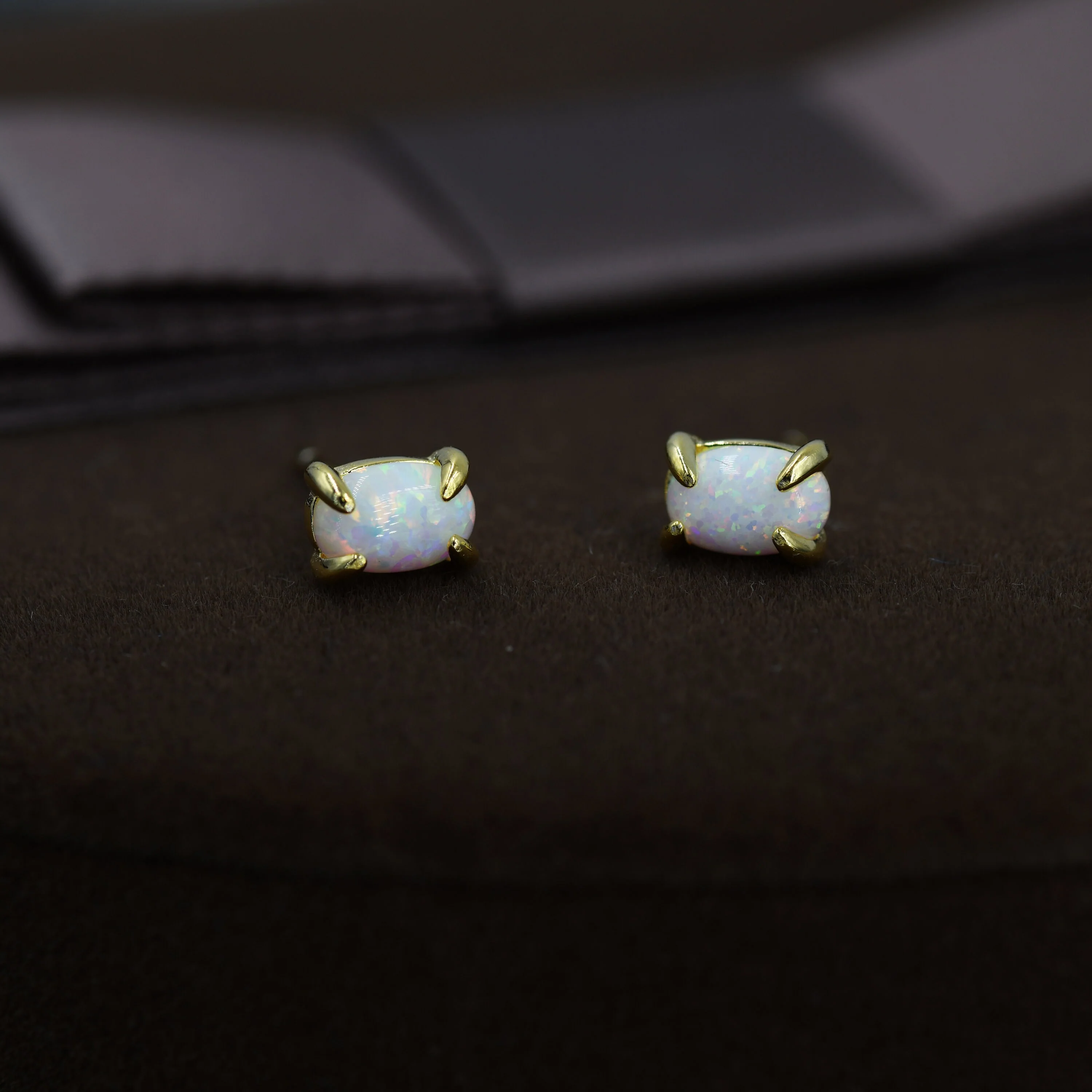 White Opal Oval Stud Earrings in Sterling Silver - Gold or Silver - Opal Oval Earrings - Opal Prong Set Earrings, White Opal - Image 6