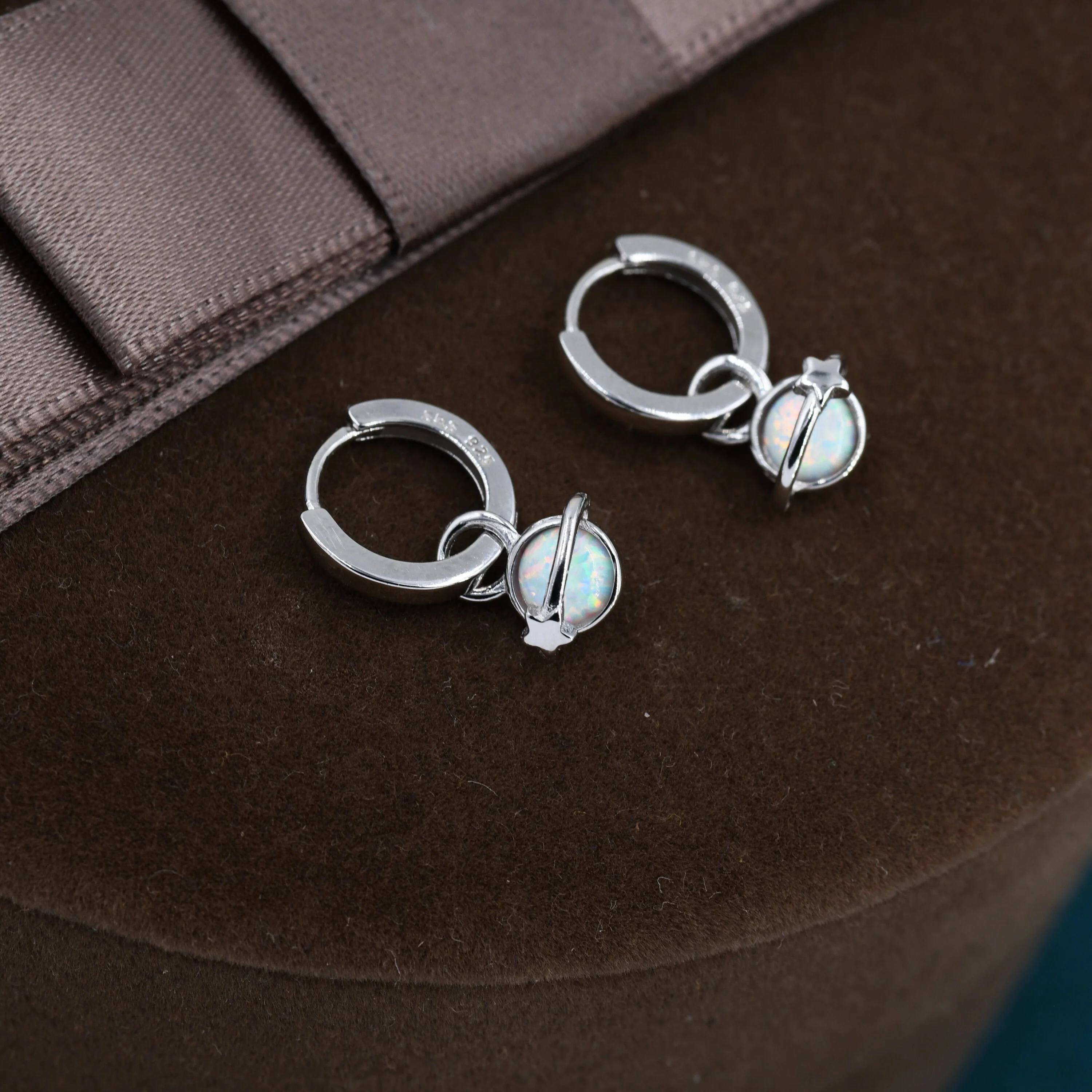 White Opal Planet and Star Huggie Hoop Earrings in Sterling Silver, Silver or Gold, Simulated Opal, Detachable Charms, Saturn Earrings - Image 5