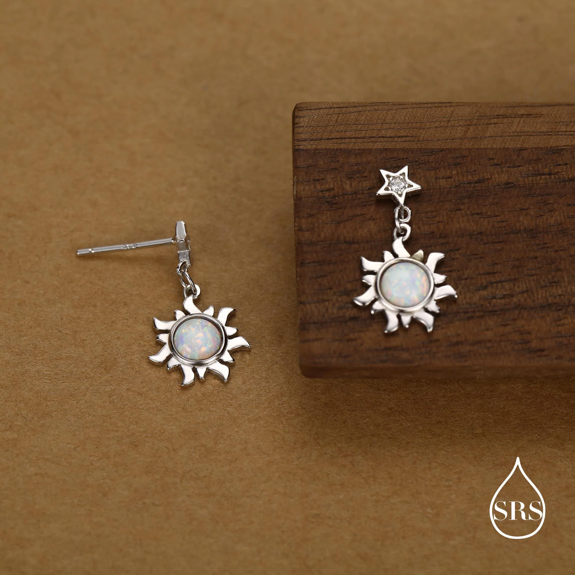 White Opal Sun and Star Dangle Stud Earrings in Sterling Silver, Silver or Gold, Star and Sun Lab Opal Celestial Earring - Image 3
