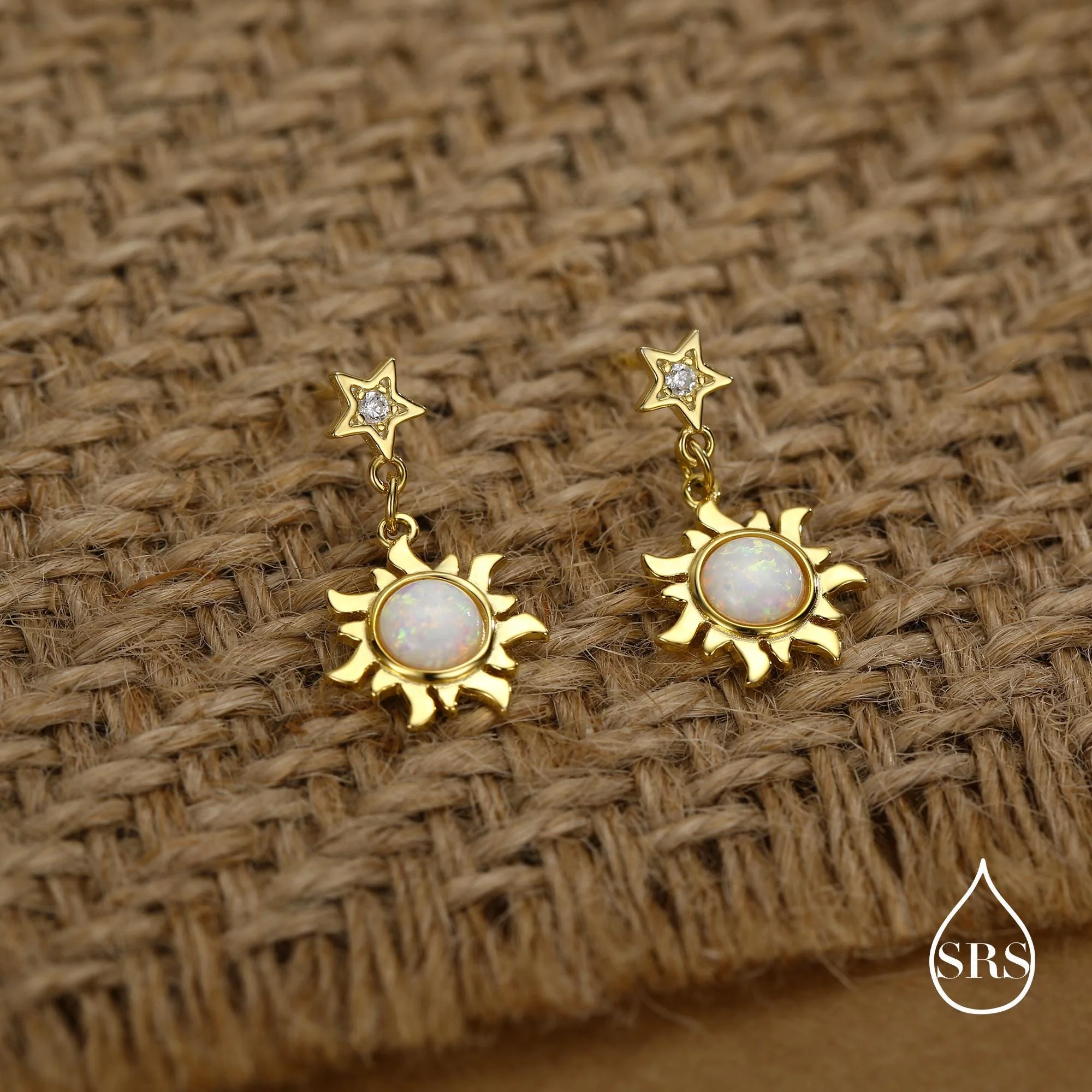 White Opal Sun and Star Dangle Stud Earrings in Sterling Silver, Silver or Gold, Star and Sun Lab Opal Celestial Earring - Image 5
