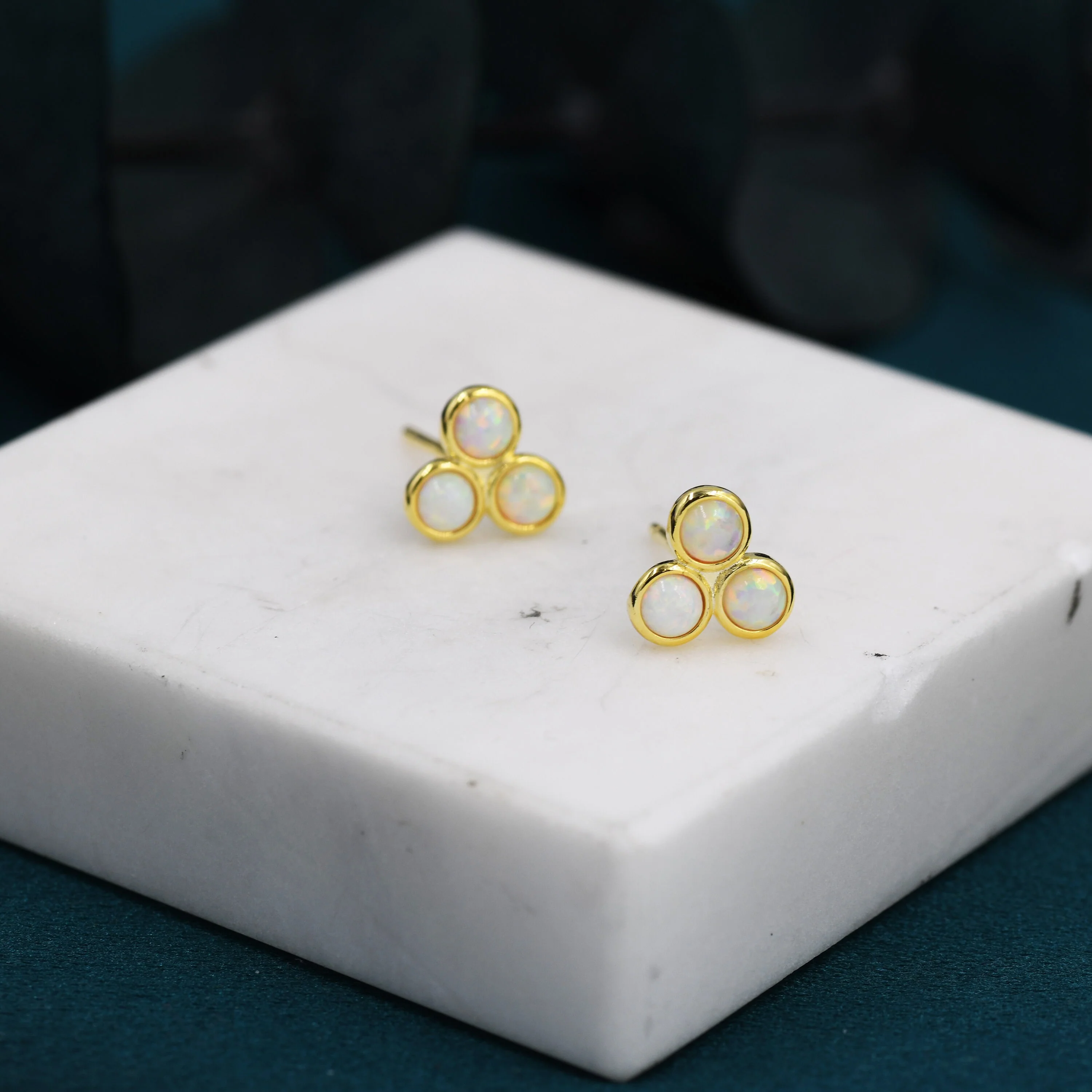 White Opal Trio Dot Circle Stud Earrings in Sterling Silver - Silver or Gold - Geometric Minimalist , Fire Opal Trio Earrings, Three Opals - Image 4