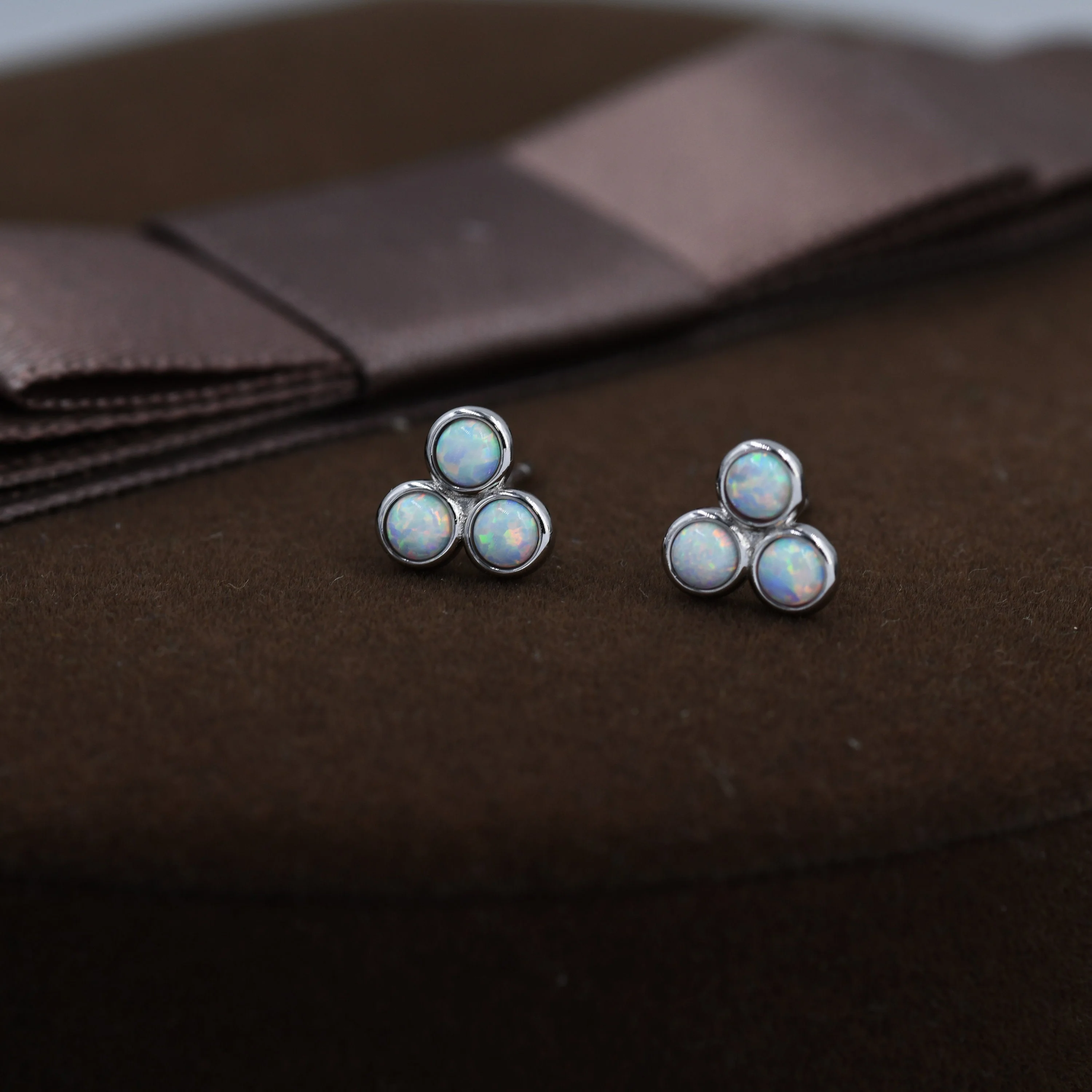 White Opal Trio Dot Circle Stud Earrings in Sterling Silver - Silver or Gold - Geometric Minimalist , Fire Opal Trio Earrings, Three Opals - Image 6