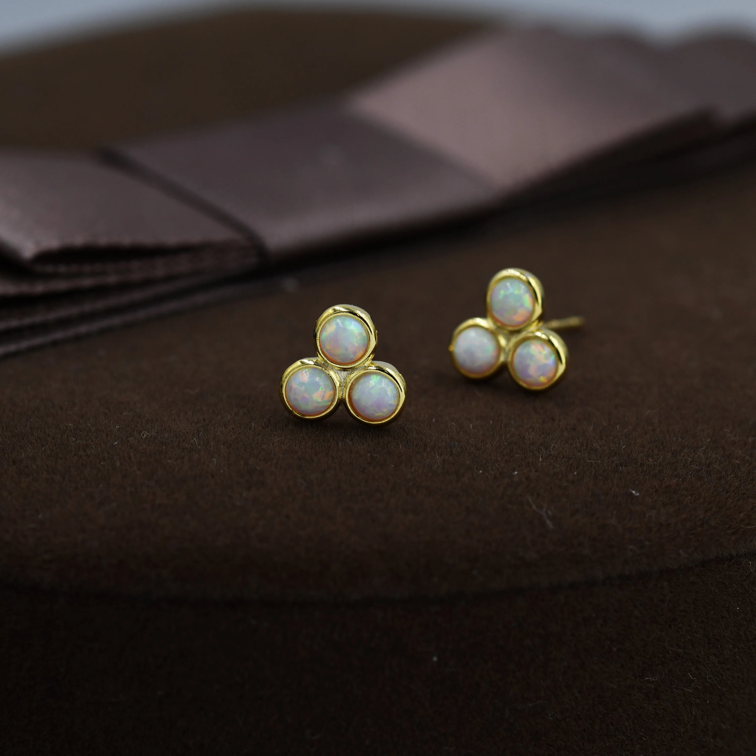 White Opal Trio Dot Circle Stud Earrings in Sterling Silver - Silver or Gold - Geometric Minimalist , Fire Opal Trio Earrings, Three Opals - Image 7