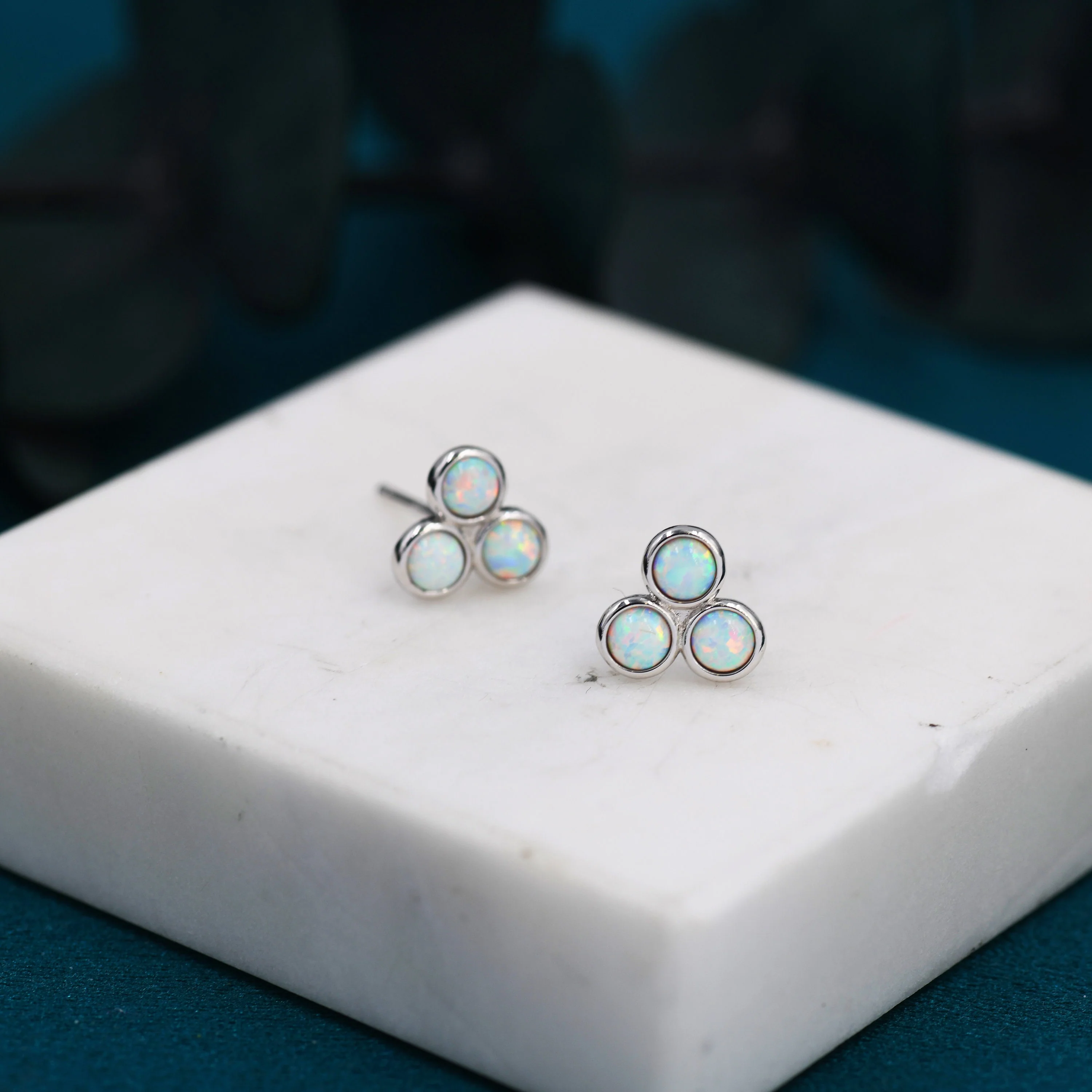 White Opal Trio Dot Circle Stud Earrings in Sterling Silver - Silver or Gold - Geometric Minimalist , Fire Opal Trio Earrings, Three Opals - Image 8